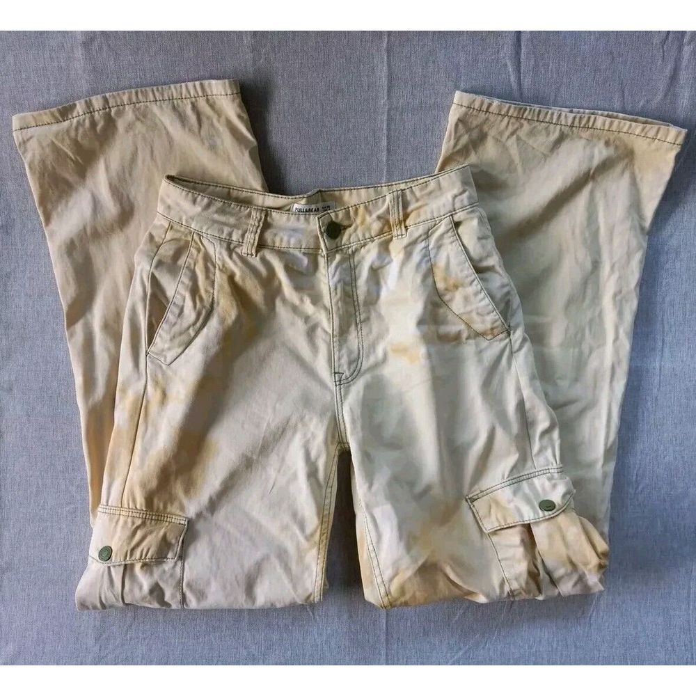 Pull&Bear Women's 4 Acidwash Cargo Boot Cut Cotton Chambray Utility Yellow Pants